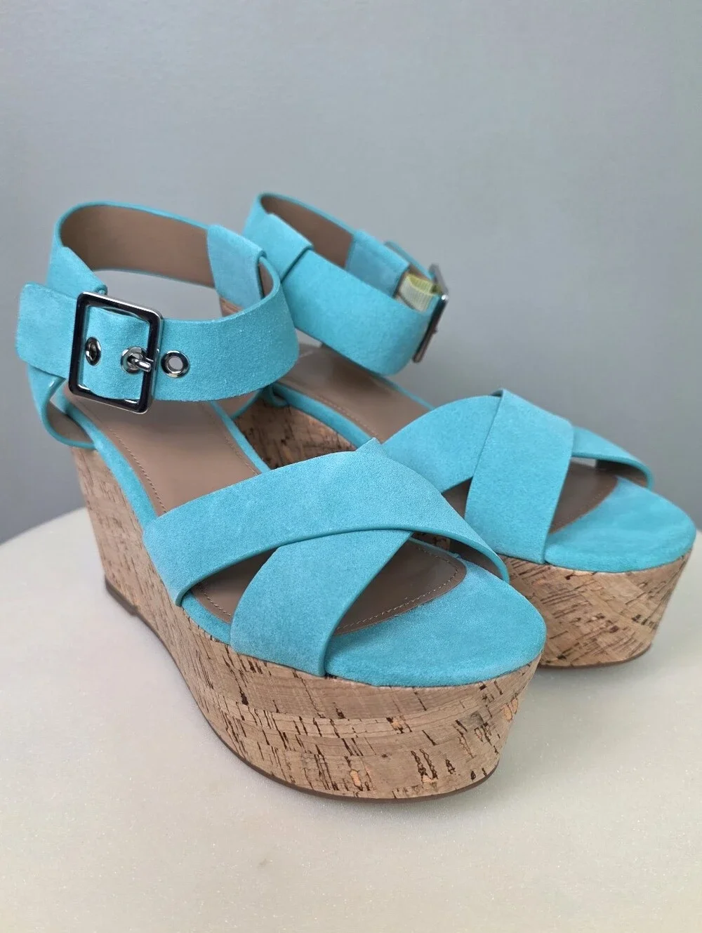 ​Marc Fisher LTD Cacie Light Green Suede Cork Platform Wedge Sandals Size 7.5 M